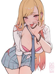 1girl absurdres barbell_piercing between_breasts between_legs black_choker blonde_hair blue_necktie blue_skirt blush bra bra_peek bracelet breasts choker cleavage collarbone collared_shirt colored_tips commentary cowboy_shot ear_piercing earrings english_commentary fake_nails fellatio_gesture gyaru hand_between_legs hand_between_thighs hand_up heart heart-shaped_pupils highres jewelry kitagawa_marin large_breasts leaning_forward long_hair looking_at_viewer miniskirt multicolored_hair multiple_bracelets necktie necktie_between_breasts piercing pink_bra pink_eyes pink_nails plaid_clothes plaid_skirt pleated_skirt quilm school_uniform shirt signature simple_background skirt sleeves_rolled_up solo sono_bisque_doll_wa_koi_wo_suru summer_uniform symbol-shaped_pupils tied_shirt tongue tongue_out unbuttoned unbuttoned_shirt underwear white_background white_shirt