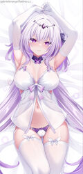 1girl absurdres armpits arms_up babydoll breasts castorice_(honkai:_star_rail) commentary commentary_request dakimakura_(medium) elbow_gloves english_commentary fanbox_username gabriel_evangel gloves highres honkai:_star_rail honkai_(series) large_breasts long_hair lying merchandise_available on_back paid_reward_available panties purple_eyes purple_hair solo thighhighs thighs tiara underwear very_long_hair white_babydoll white_gloves white_panties white_thighhighs