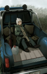 1girl artist_name assault_rifle beanie blonde_hair blue_eyes blue_pants brown_footwear coat dated dead-robot fn_scar grass green_coat gun hat holding holding_gun holding_weapon license_plate looking_at_viewer mixed-language_commentary motor_vehicle on_vehicle original pants pickup_truck rifle rocket_launcher rpg_(weapon) shoes sitting truck watermark weapon