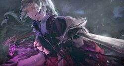 1girl absurdres alinfaeleas arknights artist_name black_dress closed_mouth commentary dress earrings expressionless foreshortening grey_hair highres holding holding_sword holding_weapon irene_(arknights) jewelry lantern long_hair long_sleeves puritan_collar purple_eyes rain rapier scar scar_across_eye scar_on_face signature solo sword weapon