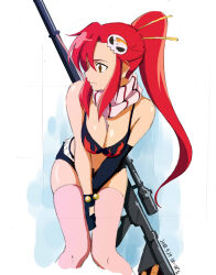 1girl absurdres anti-materiel_rifle asymmetrical_gloves belt bikini bikini_top_only black_gloves black_shorts breasts cleavage closed_mouth commentary_request cropped_legs dated flame_print gloves gun gun_on_back hair_ornament hair_stick highres large_breasts leaning_forward long_hair looking_to_the_side mugi0913 pink_scarf pink_theme ponytail red_eyes rifle scarf short_shorts shorts skull_hair_ornament sniper_rifle solo swimsuit tengen_toppa_gurren_lagann weapon weapon_on_back white_belt yellow_eyes yoko_littner