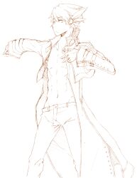 1boy arch_bishop_(ragnarok_online) brown_theme closed_mouth coat commentary_request cowboy_shot cropped_jacket dressing expressionless fingerless_gloves gloves jacket long_sleeves looking_at_viewer male_focus monochrome navel open_clothes open_coat open_jacket pants ragnarok_online sansaro short_hair simple_background solo
