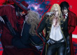 2boys alucard_(castlevania) alucard_(hellsing) black_coat black_gloves black_hair black_pants blonde_hair capelet castlevania:_symphony_of_the_night castlevania_(series) coat collared_shirt commentary english_commentary gloves gun hat hellsing highres holding holding_gun holding_weapon long_hair long_sleeves looking_at_another male_focus multiple_boys necktie open_clothes pants red_capelet red_coat red_hat red_necktie scar scar_on_chest shirt short_hair smile teeth umikochannart weapon white_gloves white_shirt