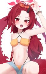 1girl absurdres bikini bikini_under_shorts blue_archive blush bracelet breasts criss-cross_halter denim denim_shorts dragon_girl dragon_horns dragon_tail fang hairband halo halterneck highres horns jewelry long_hair looking_at_viewer navel official_alternate_costume official_alternate_hairstyle open_clothes open_mouth open_shorts orange_hairband ponytail red_eyes red_hair red_halo red_tail renge_(blue_archive) renge_(swimsuit)_(blue_archive) ribbon rihitonn shorts simple_background single_horn small_breasts solo stomach swimsuit tail white_background yellow_bikini