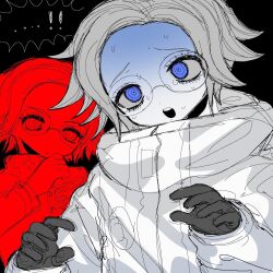1boy aotsuki_eito black_background black_gloves blue_eyes eyebrows eyelashes glasses gloves highres looking_at_viewer male_focus multiple_views open_mouth simple_background solo solo_focus sweat sweatdrop teeth the_hundred_line_-last_defense_academy- upper_teeth_only white_hair