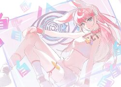 1girl ai_the_somnium_files animal_ears blue_eyes choker feet_out_of_frame full_body illowine knees_up looking_at_viewer no_sleep_for_kaname_date pink_choker rabbit_ears sagan_iris shorts simple_background solo tattoo white_background white_hair white_shorts
