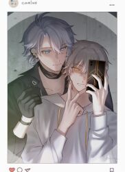 2boys antenna_hair artist_name black_gloves black_shirt blue_eyes caelus_(honkai:_star_rail) cellphone character_name closed_mouth collarbone collared_shirt gloves grey_hair hair_between_eyes hands_up heart highres holding holding_phone honkai:_star_rail honkai_(series) hood hoodie instagram kurashiki_(kas0) long_sleeves looking_at_another looking_at_viewer male_focus multiple_boys phainon_(honkai:_star_rail) phone puffy_long_sleeves puffy_sleeves shirt short_hair smartphone smile teeth trailblazer_(honkai:_star_rail) trash_can upper_body white_hoodie wristband yellow_eyes