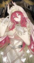 1girl absurdres arknights armored_gloves ascalon_(arknights) ascalon_(phototaxis)_(arknights) belt black_belt breasts bug butterfly cape capelet choker cleavage closed_mouth collar collared_cape commentary cowboy_shot demon_girl demon_horns demon_tail dress earrings gloves hair_between_eyes highres hood hooded_cape horns insect jewelry large_breasts long_hair long_sidelocks long_sleeves looking_at_viewer official_alternate_costume orange_eyes pointy_ears red_hair sidelocks solo tail underboob white_butterfly white_cape white_capelet white_choker white_dress white_gloves white_horns wide_sleeves yan_z