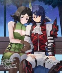 Rule 34 | 1boy, 1girl, alcryst (fire emblem), armor, ascot, asymmetrical armor, bench, black hair, blue hair, blush, breasts, circlet, cleavage, closed mouth, commentary, doiparuni, dress, english commentary, feather hair ornament, feathers, fire emblem, fire emblem awakening, fire emblem engage, gloves, green dress, grey eyes, hair between eyes, hair ornament, hairclip, highres, large breasts, long sleeves, looking at viewer, nintendo, noire (fire emblem), outdoors, red eyes, shirt, short hair, sitting, smile, snow, snowing, trait connection, tree, twintails, white ascot