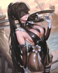 1girl black_blindfold black_gloves black_hair black_leotard black_necktie black_skirt black_thighhighs blindfold blood_edge_(stellar_blade) blunt_bangs bodysuit braid breasts closed_mouth commentary elbow_gloves eve_(stellar_blade) gloves highres holding holding_sword holding_weapon large_breasts leotard lips long_hair looking_at_viewer necktie nier:automata nier_(series) outdoors ponytail see-through_clothes see-through_skirt sideboob single_braid skirt smile solo stellar_blade sword thighhighs very_long_hair weapon white_gloves wuoarf yorha_unofficial_ceremonial_attire_(stellar_blade)
