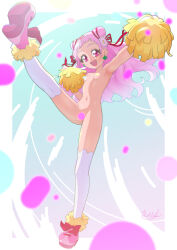 1girl armpits boots breasts clover_earrings cone_hair_bun convenient_censoring cure_yell full_body hair_bun hair_ornament heart heart_hair_ornament highres hugtto!_precure leg_up long_hair looking_at_viewer magical_girl navel nono_hana nude open_mouth pink_boots pink_eyes pink_hair pom_pom_(cheerleading) precure short_bangs small_breasts smile solo thighhighs tiler_(tiler00) white_thighhighs