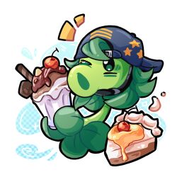 &gt;_o backwards_hat baseball_cap black_eyes black_hat blue_background cake cake_slice checkered_background cheek_tattoo cherry chinese_commentary chocolate_syrup commentary_request cup food fruit gatling_pea_(plants_vs_zombies) hat holding holding_cup ice_cream leaf looking_at_food no_humans notice_lines one_eye_closed plant plant_focus plants_vs._zombies plants_vs._zombies_2 shenmeshihou simple_background solid_oval_eyes solo star_(symbol) star_print sundae tattoo white_background