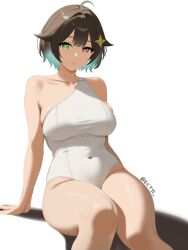 1girl arm_support artist_name bare_shoulders breasts brown_eyes brown_hair closed_mouth collarbone covered_navel dot_nose eyebrows eyelashes feet_out_of_frame female_focus gradient_hair green_eyes green_hair heterochromia indie_virtual_youtuber large_breasts leaning_back legs_together leotard looking_at_viewer meica_(vtuber) multicolored_hair short_hair simple_background single_strap sitting smile solo star-shaped_pupils star_(symbol) symbol-shaped_pupils thick_thighs thighs two-tone_hair variant_set virtual_youtuber white_background wide_hips zetyi