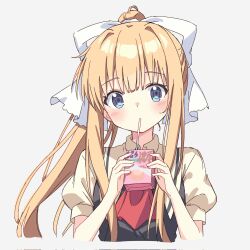 1girl air_(visual_novel) ascot black_dress blonde_hair blue_eyes blush dress drinking_straw drinking_straw_in_mouth hair_ribbon highres holding holding_carton holding_milk_carton kamio_misuzu long_hair looking_at_viewer milk_carton ponytail red_ascot ribbon setteiset shirt short_sleeves simple_background solo upper_body white_background white_ribbon yellow_shirt