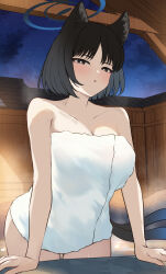 1girl animal_ears bare_shoulders black_hair blue_archive blue_halo blush breasts cat_ears cleavage fence halo highres kikyou_(blue_archive) looking_at_viewer looking_down medium_breasts mi_taro333 multiple_tails naked_towel onsen open_mouth short_hair solo tail towel two_tails wooden_fence