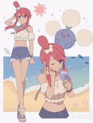 Rule 34 | 1girl, 343rone, absurdres, bikini, bikini under clothes, bikini under shorts, blue eyes, blue shorts, breasts, closed mouth, collarbone, crop top, cup, denim, denim shorts, full body, gen 2 pokemon, hair ornament, highres, holding, holding cup, jumpluff, looking at viewer, midriff, navel, nintendo, off-shoulder shirt, off shoulder, official alternate costume, one eye closed, one side up, open mouth, outdoors, pokemon, pokemon (creature), pokemon masters ex, red hair, shirt, shorts, sidelocks, skyla (pokemon), skyla (summer 2025) (pokemon), smile, swimsuit