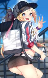 1girl :d ass azur_lane baseball_cap baseball_stadium black_shorts blonde_hair blue_eyes blush bogue_(azur_lane) bogue_(retrofit)_(azur_lane) character_request commentary_request copyright_request cowboy_shot dated female_focus from_behind hair_ornament hair_ribbon hat highres long_hair midriff miniskirt nebusoku open_mouth ponytail ribbon shorts signature skirt smile solo star_(symbol) star_hair_ornament