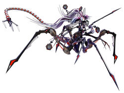1girl 3d black_shirt breasts calne_ca_(deino) claws deino_(deino3330) gothic_lolita head_wings insect_wings lolita_fashion long_hair long_tail looking_at_viewer mechanical_arms medium_breasts original red_eyes robot robot_girl shirt solo speaker tail taur twintails very_long_hair white_background white_hair wings wire