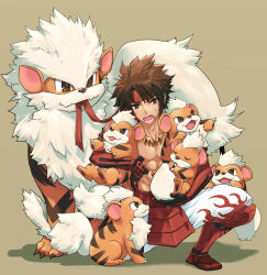 1boy absurdres arcanine brown_background brown_hair crossover game_freak gen_1_pokemon growlithe headband highres holding holding_pokemon jewelry male_focus necklace nintendo no_shirt open_mouth pokemon pokemon_(creature) red_headband sanada_yukimura_(sengoku_basara) sengoku_basara simple_background solo spiked_hair sweat toned toned_male torichikushou