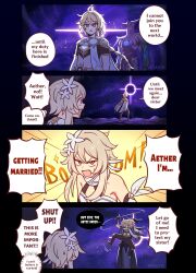 1boy 1girl 4koma absurdres abyss_herald_(genshin_impact) aether_(genshin_impact) ahoge artastiq artist_name bare_shoulders blonde_hair braid braided_ponytail brother_and_sister brown_pants brown_shirt cape comic earrings english_text flower genshin_impact gold_trim hair_flower hair_ornament highres holding holding_sword holding_weapon jewelry long_hair lumine_(genshin_impact) midriff pants scarf shirt short_hair_with_long_locks short_sleeves siblings single_earring speech_bubble star_(sky) sweat sword very_long_hair walking_away weapon white_cape white_flower white_scarf yellow_eyes