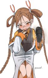 1girl absurdres blush braid brown_eyes brown_hair doctor_(last_origin) goggles highres last_origin long_hair looking_at_viewer namukot open_mouth shoes single_shoe steam twin_braids unworn_shoes