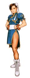 1girl absurdres boots bracelet breasts brown_eyes brown_hair bun_cover capcom capcom_vs_snk china_dress chinese_clothes chun-li double_bun dress earrings game_cg hair_bun hands_on_own_hips highres jewelry mori_toshiaki non-web_source official_art pantyhose pelvic_curtain short_hair solo spiked_bracelet spikes standing street_fighter studded_bracelet thick_thighs thighs unitard white_boots
