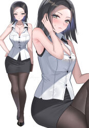 1girl bag black_hair black_pantyhose black_shoes black_skirt blue_eyeshadow blush bracelet breasts buttons cleavage closed_mouth clutch_purse collared_shirt commentary_request comoli_harcourt eyeshadow full_body gundam gundam_gquuuuuux hand_on_own_hip highres holding holding_bag jewelry large_breasts looking_at_viewer makeup medium_hair mole mole_under_eye multiple_views necklace office_lady pantyhose pencil_skirt shirt shoes shougun_(chuckni1) simple_background skirt sleeveless sleeveless_shirt sweatdrop untucked_shirt white_background white_shirt yellow_eyes