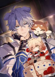 Rule 34 | 2boys, absurdres, animal ears, antenna hair, apron, black choker, black gloves, blonde hair, blue eyes, braid, cake, chibi, chimera (honkai: star rail), choker, collared shirt, commentary, dog boy, dog ears, dog tail, facial tattoo, fig stew (honkai: star rail), fingerless gloves, food, gloves, gradient hair, hair between eyes, highres, honkai: star rail, honkai (series), male focus, medium hair, multicolored hair, multiple boys, mydei (honkai: star rail), parted bangs, phainon (honkai: star rail), red apron, red hair, red tattoo, shirt, short hair, side braid, sishi jixiang, tail, tattoo, watermark, weibo watermark, white hair, white shirt, yellow eyes