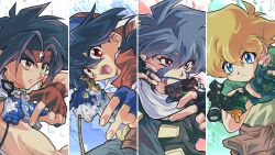 4boys bakuten_shoot_beyblade beyblade black_hair black_jacket blonde_hair blue_eyes blue_hair brown_eyes chinese_clothes close-up clothes_around_waist facial_tattoo freckles green_shirt highres hiwatari_kai holding jacket jacket_around_waist kinomiya_takao kon_rei medium_hair mizuhara_max multiple_boys purple_eyes red_eyes red_jacket shirt short_hair spiked_hair tattoo tkoknmy0321 upper_body white_shirt