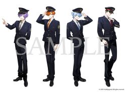 4boys :d adjusting_clothes adjusting_necktie arm_at_side arm_behind_back black_hair black_hat black_jacket black_pants black_shoes black_suit blue_hair blue_necktie center-flap_bangs closed_mouth collared_shirt copyright_notice covered_eyes crossed_bangs diagonal-striped_clothes diagonal-striped_necktie dress_shoes flipped_hair formal_clothes full_body green_eyes grey_eyes grey_necktie hair_between_eyes hair_over_one_eye hand_on_headwear hat index_finger_raised jacket kuronoa lapels lineup long_sleeves looking_at_viewer male_focus multiple_boys necktie nichijo_gumi notched_lapels official_art open_mouth orange_hair orange_necktie pants peaked_cap peinto_(nichijou_gumi) police police_hat police_uniform policeman purple_eyes purple_hair red_necktie salute sample_watermark shirt shoes short_hair sideways_glance simple_background sinigami_(nichijou_gumi) smile standing striped_clothes suit torazo_(nichijou_gumi) watermark white_background white_shirt yukko_(matakite_4kaku)