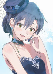 1girl bare_shoulders blue_eyes blue_hair blue_hat blue_nails blush braid breasts choker collarbone earrings flower_choker hair_between_eyes hand_up hat highres idolmaster idolmaster_(classic) jewelry kisaragi_chihaya kuzuya_ramurin looking_at_viewer nail_polish open_mouth small_breasts smile solo strapless upper_body yellow_eyes