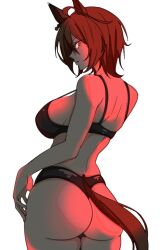 1girl agnes_tachyon_(umamusume) animal_ears ass back black_bra black_panties bra breasts brown_hair closed_mouth cowboy_shot from_behind frown highleg highleg_panties highres horse_ears horse_girl horse_tail jiang_ethan large_breasts looking_at_viewer looking_back panties red_eyes short_hair simple_background solo tail thong umamusume underwear underwear_only white_background