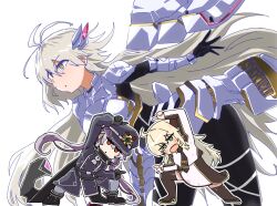 3girls ahoge armor black_coat black_hat blonde_hair coat dragon_ball duel_monster fusion_dance green_eyes grey_hair hat headgear highres long_hair multicolored_hair multiple_girls shirt simple_background sky_striker_ace_-_raye sky_striker_ace_-_roze sky_striker_ace_-_zero two-tone_hair white_armor white_background white_shirt yu-gi-oh! yuyurori