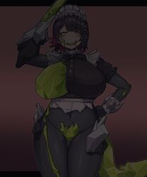 1girl absurdres black_hair body_modification breasts colored_inner_hair corruption crystal_sword drooling ellen_joe ethereal_(zenless_zone_zero) fins fish_tail frilled_wristband hair_ornament half-closed_eyes herutsuheimuu highres large_breasts looking_at_viewer looking_up maid_headdress metal_hairband mind_control mole mole_under_eye multicolored_hair one_breast_out open_mouth red_eyes red_hair salute shark_girl shark_tail short_hair smile solo spiked_headband sword tail torn_clothes two-tone_hair weapon zenless_zone_zero