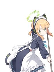 1girl animal_ear_headphones animal_ears apron black_dress blonde_hair blue_archive broom cat_ear_headphones cat_tail commentary_request dress fake_animal_ears fake_tail green_eyes green_halo halo hashtag-only_commentary headphones highres holding holding_broom kanzaki_hiro maid maid_apron midori_(blue_archive) midori_(maid)_(blue_archive) official_alternate_costume open_mouth parted_lips short_hair siblings sidelocks simple_background sisters smile standing tail twins v-shaped_eyebrows virtual_pet_(toy) white_apron white_background