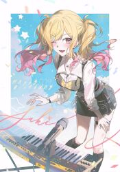 1girl ;d asymmetrical_skirt black_skirt blonde_hair blue_sky blush boots border character_name collared_shirt confetti costume_request dated gradient_hair hand_on_own_thigh happy_birthday highres instrument keyboard_(instrument) knee_boots lace-up_boots leaning_forward long_hair long_sidelocks looking_at_viewer m33hae microphone miniskirt multicolored_hair one_eye_closed open_mouth parted_bangs pencil_skirt pink_eyes pink_hair pleated_skirt project_sekai shirt sidelocks skirt sky smile solo standing standing_on_one_leg star_(symbol) star_pendant synthesizer tenma_saki thigh_strap twintails white_border white_shirt wristband