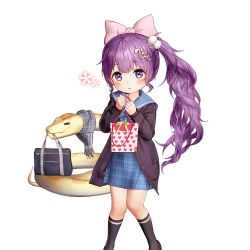1girl bag black_socks blue_sailor_collar bow gio_(maroon0924) hair_bow long_hair medusa_(uchihime) purple_eyes purple_hair sailor_collar school_uniform snake socks uchi_no_hime-sama_ga_ichiban_kawaii