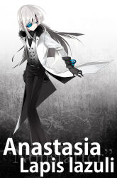 1girl black_gloves black_necktie black_pants black_shirt blue_eyes blue_flower blue_rose character_name collared_shirt commentary_request eyepatch floral_print flower full_body fur_collar gloves grey_background grey_hair highres jacket long_hair necktie ootorii_bisetsu original pants print_eyepatch rose rose_print shirt sleeve_cuffs solo vest white_jacket white_vest