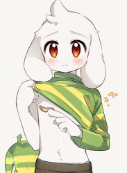 1boy animal_ears asriel_dreemurr bandaid bandaids_on_nipples blush goat_boy green_sweater highres leftporygon male_focus pasties red_eyes simple_background solo sweater undertale white_background yellow_stripes