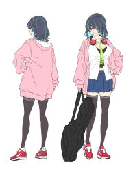 1girl absurdres blue_eyes full_body guitar_case hand_on_own_hip happoubi_jin headphones headphones_around_neck highres instrument_case jacket medium_hair multiple_boys multiple_views necktie open_clothes open_jacket original pleated_skirt shoes simple_background skirt sneakers solo white_background
