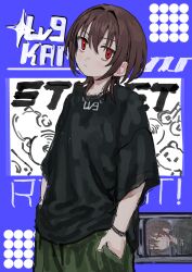 1girl black_shirt blue_background brown_hair closed_mouth commentary hair_intakes hands_in_pockets highres level9kaito looking_at_viewer medium_hair original red_eyes shirt short_sleeves solo upper_body