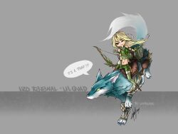 1girl arrow_(projectile) blonde_hair blue_eyes boots bow_(weapon) breasts brown_boots chibi chibi_only closed_mouth commentary crop_top english_commentary english_text fingerless_gloves full_body gloves green_gloves green_scarf green_shirt green_shorts green_thighhighs grey_background holding holding_bow_(weapon) holding_weapon long_hair medium_breasts one_eye_closed pointy_ears quazera quiver ragnarok_online ranger_(ragnarok_online) scarf shirt shorts sleeveless sleeveless_shirt smile solo thighhighs weapon wolf