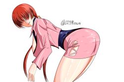 029minami 1girl ass bend bent_over breasts cleavage cleavage_cutout clothing_cutout curvy dress earrings female_focus fishnets from_behind hanging_breasts huge_ass huge_breasts jacket jewelry large_breasts latex long_hair looking_at_viewer looking_back pale_skin ponytail red_hair shermie_(kof) shiny_clothes shiny_skin skirt smile smiley_face the_king_of_fighters thick_thighs thighs twintails wide_hips