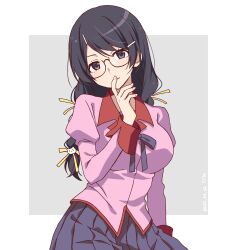1girl absurdres black_eyes black_hair blue_skirt braid breasts commentary_request cowboy_shot glasses hair_ornament hair_ribbon hairclip hand_to_own_mouth hand_up hanekawa_tsubasa highres juliet_sleeves large_breasts long_hair long_sleeves looking_at_viewer manimani_(mani_ma) monogatari_(series) naoetsu_high_school_uniform neck_ribbon pink_shirt pleated_skirt puffy_sleeves ribbon school_uniform shirt skirt solo twin_braids yellow_ribbon