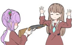 2girls ^_^ aiming aqua_neckerchief arms_up blush brown_dress brown_hair closed_eyes closed_mouth commentary dress faceless faceless_female flower fujishima_megumi gun hair_bun hair_flower hair_ornament hanamiya_nina hasu_no_sora_school_uniform holding holding_gun holding_weapon link!_like!_love_live! long_hair long_sleeves love_live! multiple_girls neckerchief open_hands otomune_kozue purple_hair red_flower sailor_collar sailor_dress school_uniform shaded_face shotgun side_ponytail sidelocks simple_background single_side_bun smile split_mouth surrendering symbol-only_commentary tassel tassel_hair_ornament tazaki_masanobu tsukine_kona two_side_up virtual_youtuber voice_actor_connection weapon white_background white_sailor_collar winter_uniform