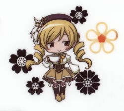 1girl absurdres beret blonde_hair boots chibi corset cup drill_hair flower hat highres holding holding_cup light_smile magical_girl mahou_shoujo_madoka_magica non-web_source official_art scan skirt smile soul_gem striped_clothes striped_thighhighs teacup thighhighs tomoe_mami tomoe_mami_(magical_girl) twin_drills vertical-striped_clothes vertical-striped_thighhighs white_background yellow_eyes yellow_skirt
