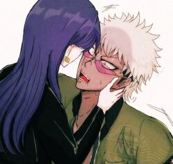 1boy 1girl black_hair dark-skinned_male dark_skin earrings hand_on_another&#039;s_cheek hand_on_another&#039;s_face hand_on_another&#039;s_head jewelry long_hair looking_at_another multicolored_hair open_mouth purple_hair scar shizuhara_hiruko simple_background sunglasses teeth the_hundred_line_-last_defense_academy- tongue white_background white_hair yakushiji_takemaru yellow_eyes