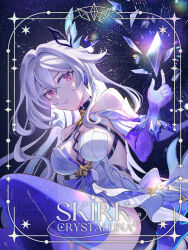 Rule 34 | 1girl, bare shoulders, breasts, character name, closed mouth, crystal, genshin impact, hair between eyes, hair ornament, highres, long hair, looking at viewer, lunacerra, medium breasts, pink eyes, prosthesis, prosthetic arm, prosthetic leg, short sleeves, skirk (genshin impact), solo, thighs, very long hair, white hair