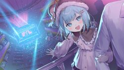 1boy 1girl :d blonde_hair blue_eyes blue_hair blunt_bangs bob_cut coat frilled_skirt frills glowstick grey_hat grey_skirt hair_ornament hairclip hat highres holding_another&#039;s_arm jelly_hoshiumi light_blush multicolored_hair official_art open_mouth out_of_frame phase_connect railing skirt smile solo_focus stage star_(symbol) star_in_eye streaked_hair symbol_in_eye two-tone_hair virtual_youtuber white_coat
