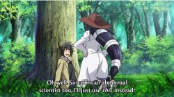 1boy 1girl animated animated_gif black_hair bouncing_breasts breasts cleavage gigantic_breasts hizuki_touko kagaku_na_yatsura lowres nipples nozaki_masaya subtitled
